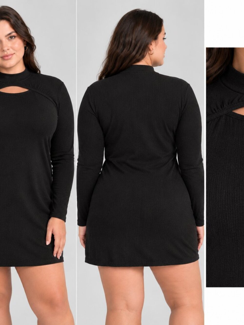 STREETWEAR Society Size Large Black Ribbed Peek-a-Boo, Long Sleeve Dress